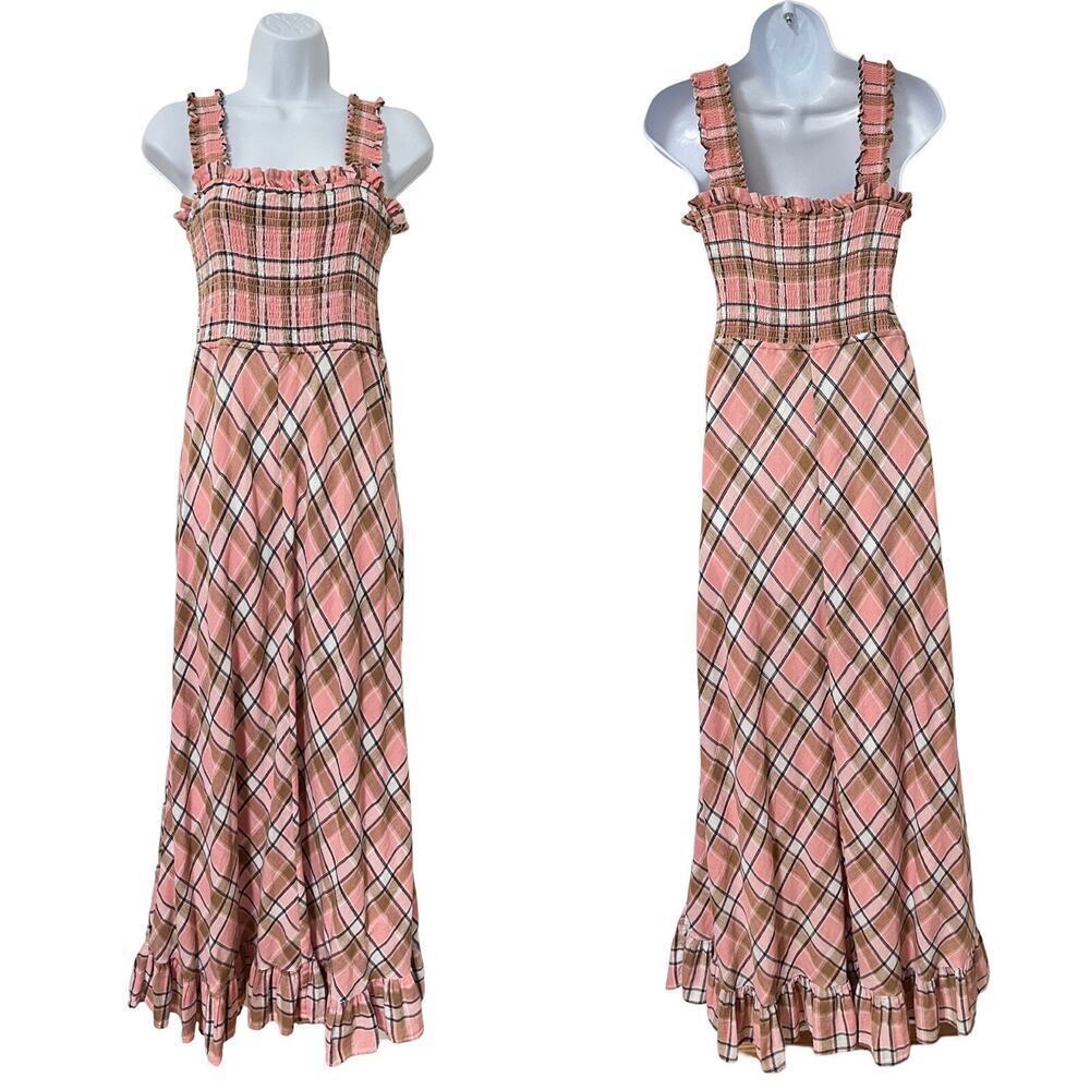 Sundays Beau Smocked Crystal Plaid Maxi Dress Size M Ruffle‎ Hem Linen Blend